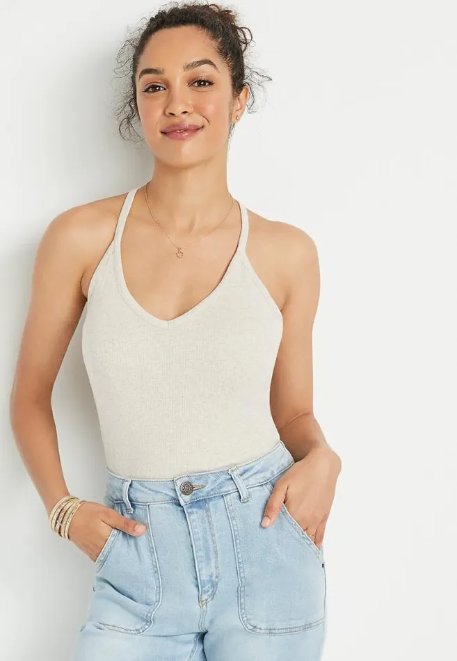 Women Oatmeal Basic Racerback Ribbed Knit Cami Maurices Tops