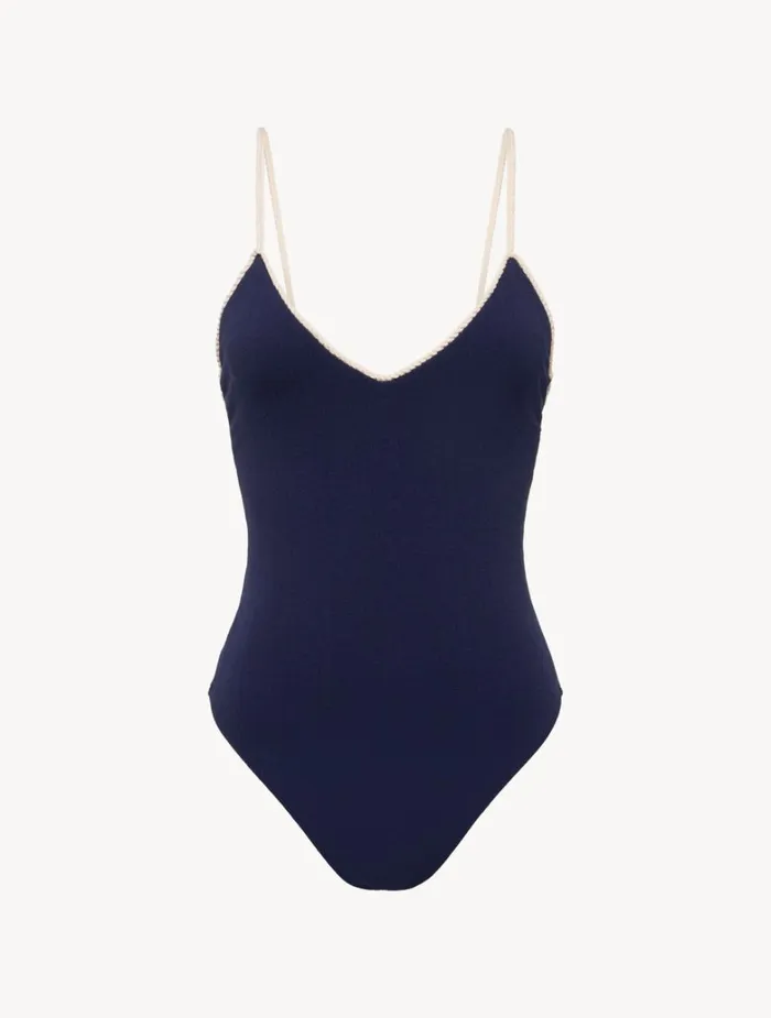 Women OnePiece Bathing Suits La Perla Monogram Vneck Swimsuit In Navy