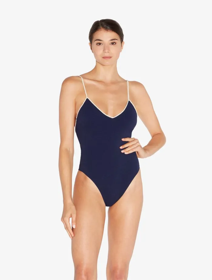 Women OnePiece Bathing Suits La Perla Monogram Vneck Swimsuit In Navy