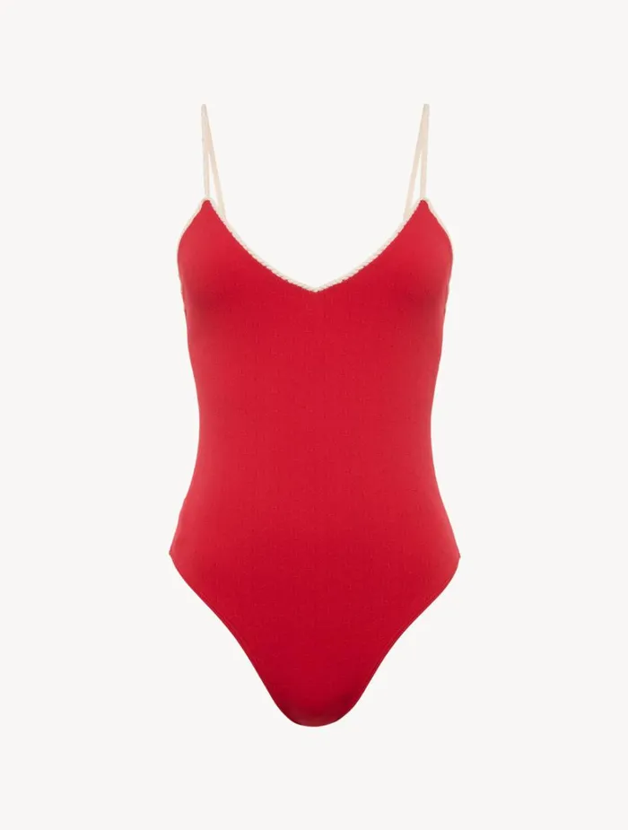 Women OnePiece Bathing Suits La Perla Monogram Vneck Swimsuit In Red