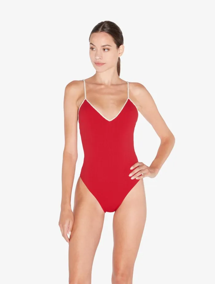 Women OnePiece Bathing Suits La Perla Monogram Vneck Swimsuit In Red