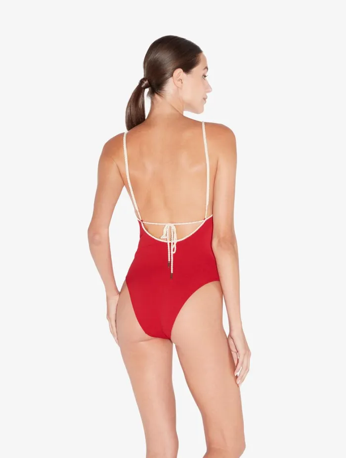 Women OnePiece Bathing Suits La Perla Monogram Vneck Swimsuit In Red