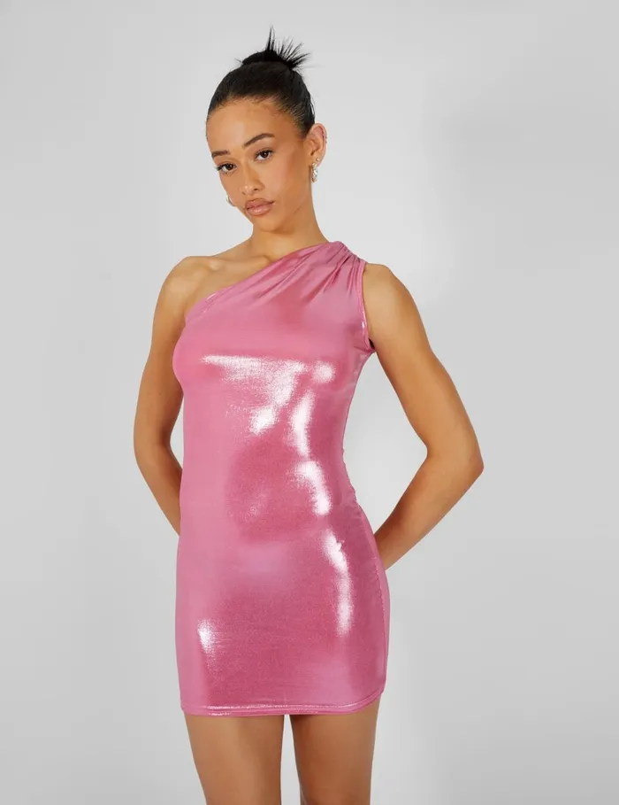 Women One Shoulder Ruched Metallic Mini Dress Pink Black Public Desire Dresses