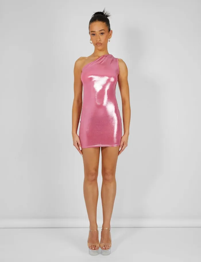 Women One Shoulder Ruched Metallic Mini Dress Pink Black Public Desire Dresses
