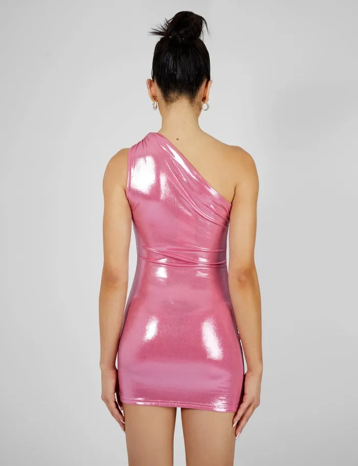 Women One Shoulder Ruched Metallic Mini Dress Pink Black Public Desire Dresses