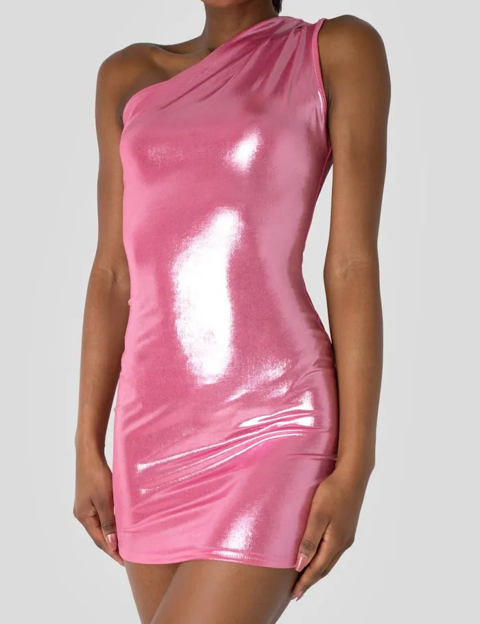 Women One Shoulder Ruched Metallic Mini Dress Pink Black Public Desire Dresses