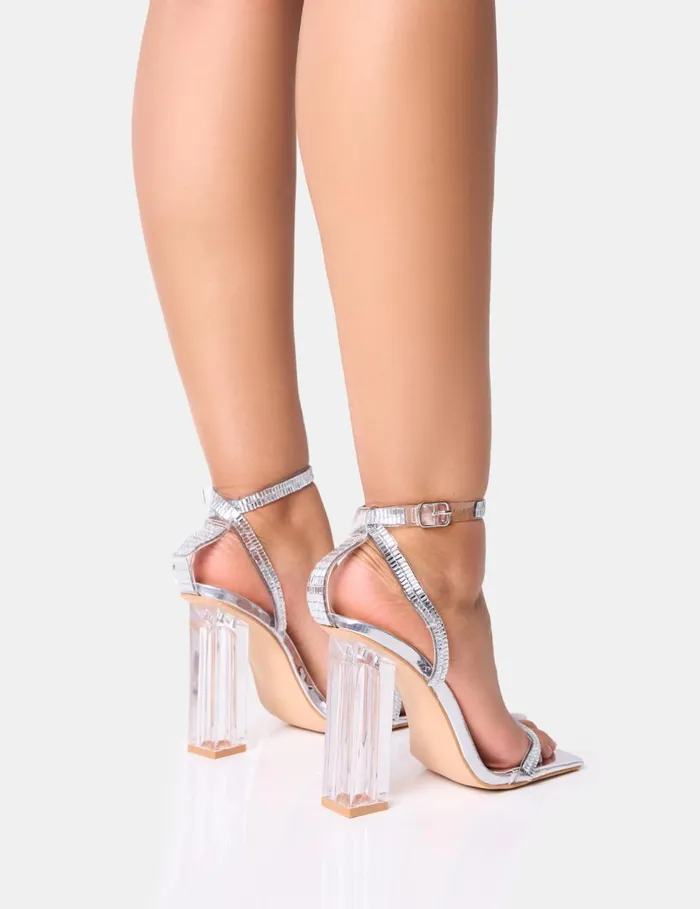 Women Onyx Diamante Ankle Strap Block Heels Silver Public Desire Perspex Heels