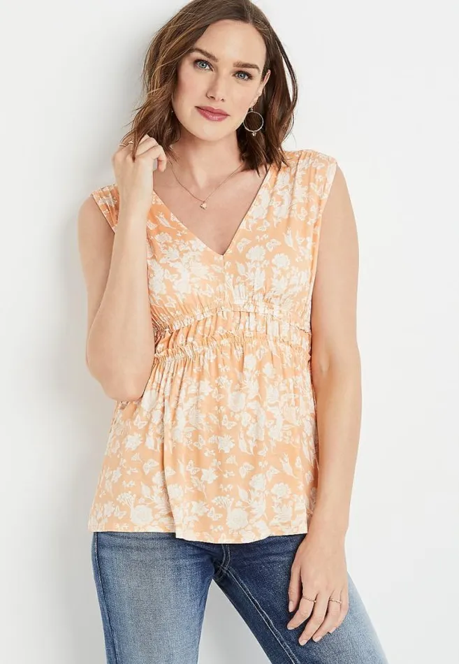 Women Orange Floral Ruffle Waist Tank Top Maurices Tops
