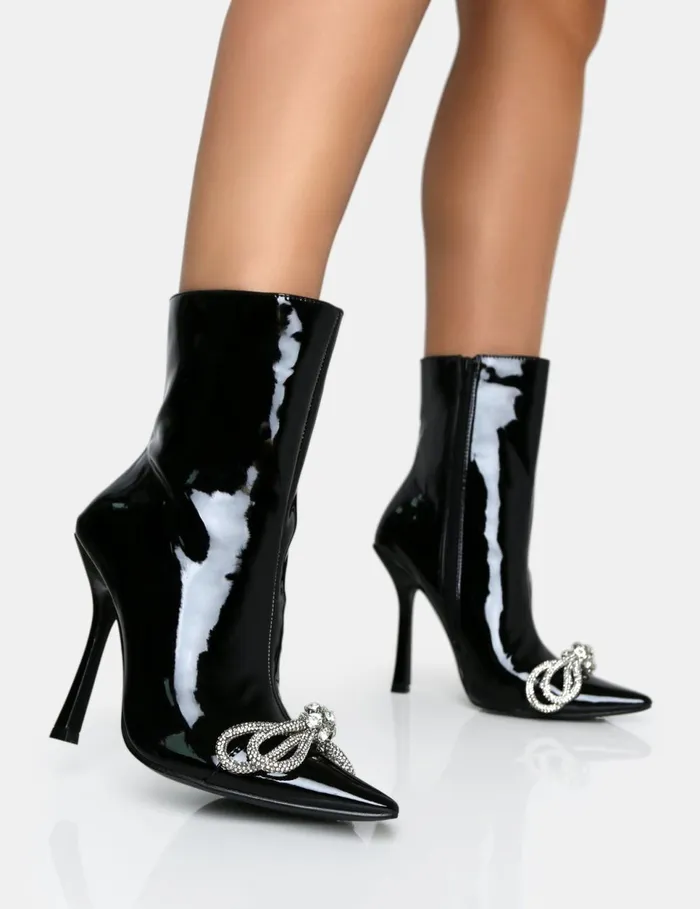 Women Orla Black Patent Diamante Bow Pointed Toe Stiletto Ankle Boots Black Public Desire Party Women Orla Black Patent Diamante Bow Pointed Toe Stiletto Ankle Boots Black Public Desire Party