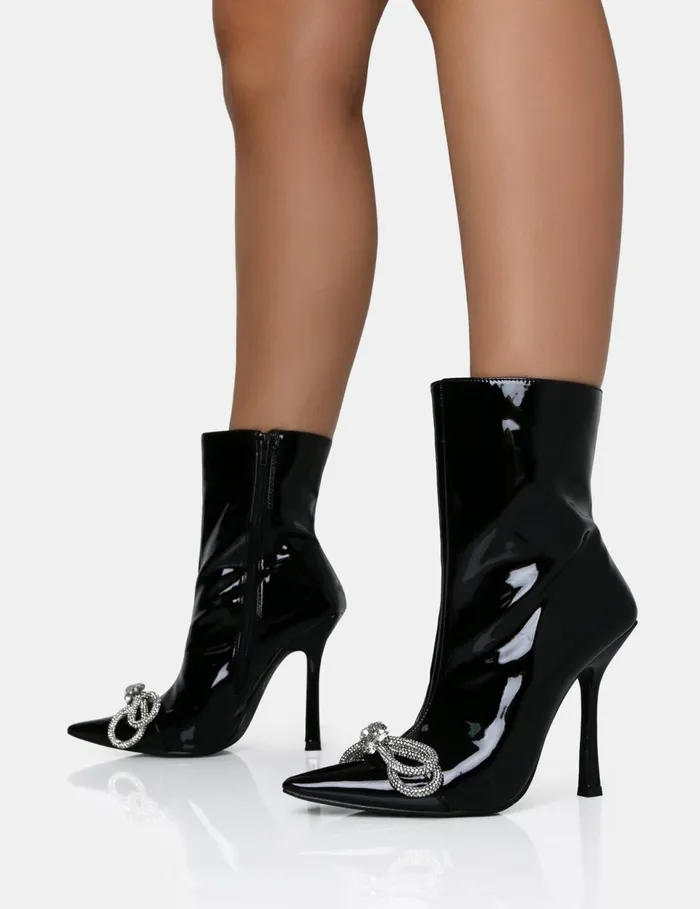 Women Orla Black Patent Diamante Bow Pointed Toe Stiletto Ankle Boots Black Public Desire Party