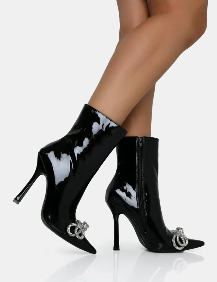 Women Orla Black Patent Diamante Bow Pointed Toe Stiletto Ankle Boots Black Public Desire Party