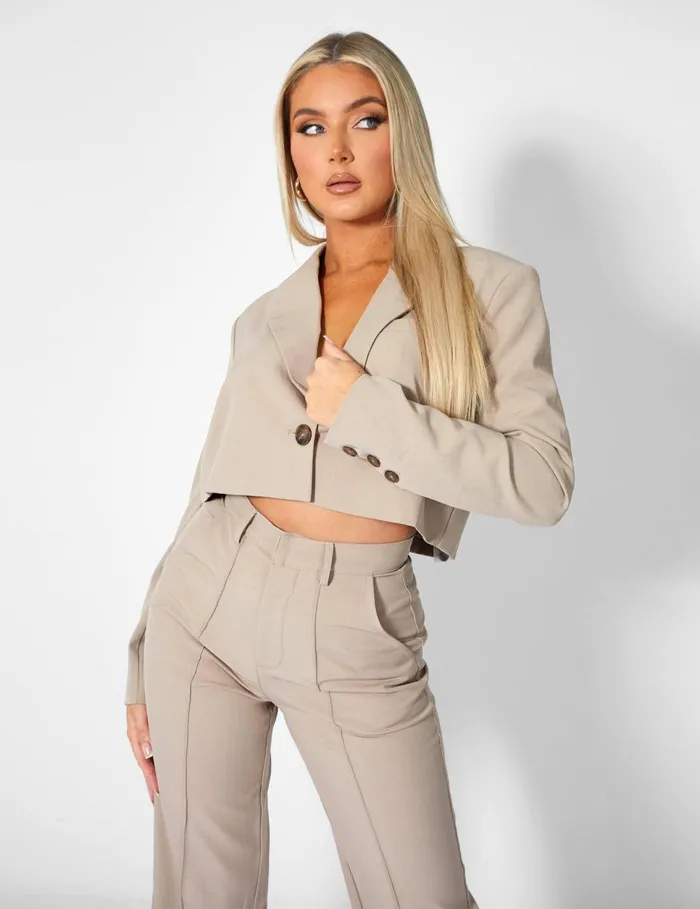 Women Oversized Boxy Cropped Blazer Stone Kaiia Neutral Public Desire Outerwear and Jackets