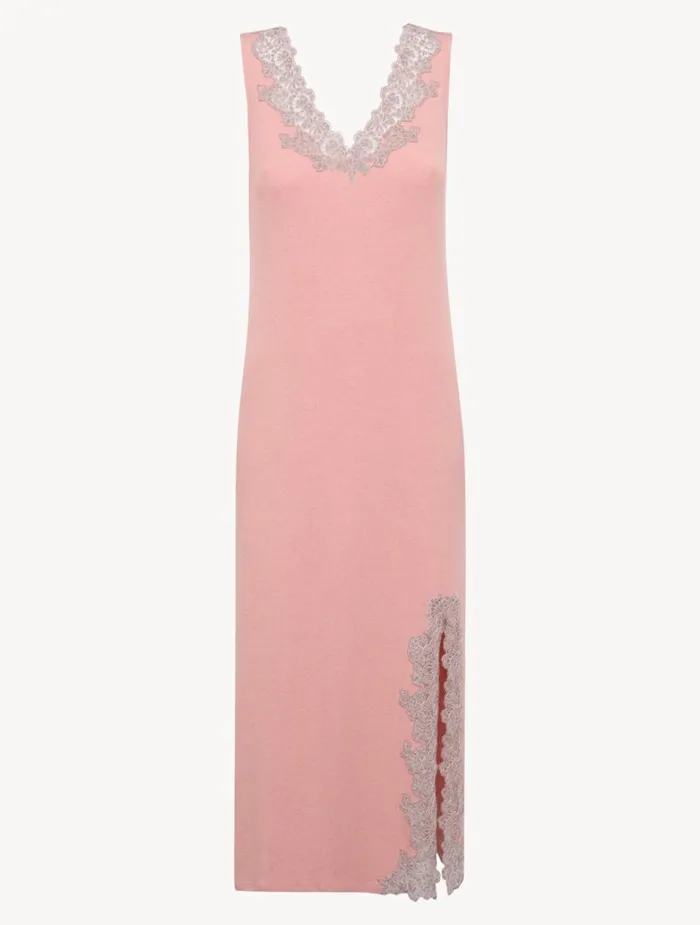 Women Pajamas La Perla Cashmere Blend Ribbed Long Nightgown In Blush Clay With Frastaglio Women Pajamas La Perla Cashmere Blend Ribbed Long Nightgown In Blush Clay With Frastaglio