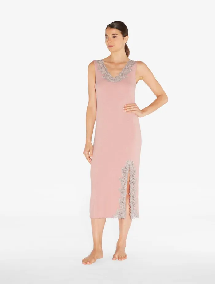 Women Pajamas La Perla Cashmere Blend Ribbed Long Nightgown In Blush Clay With Frastaglio