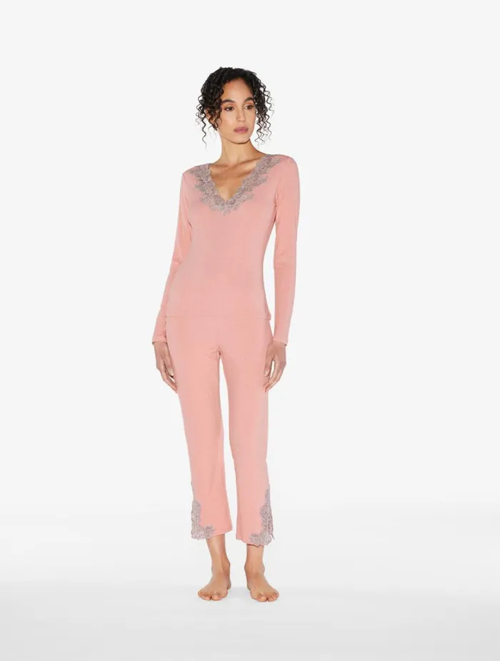 Women Pajamas La Perla Cashmere Blend Ribbed Trousers In Blush Clay With Frastaglio