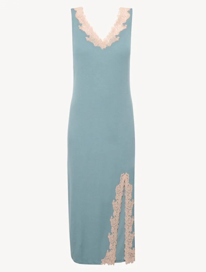 Women Pajamas La Perla Long Cashmere Blend Ribbed Nightgown In Sleepy Dream With Frastaglio