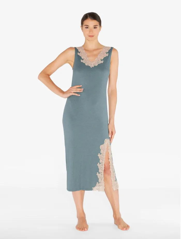 Women Pajamas La Perla Long Cashmere Blend Ribbed Nightgown In Sleepy Dream With Frastaglio