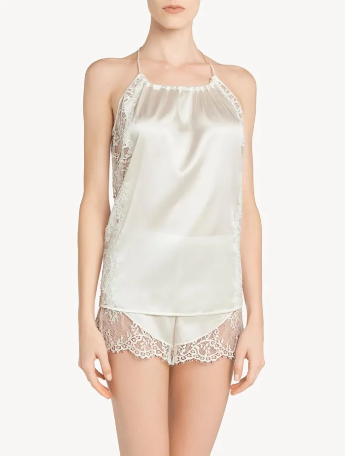 Women Pajamas La Perla Offwhite Silk Halterneck Camisole With Leavers Lace Trim