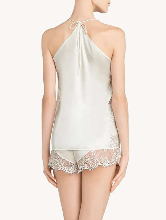 Women Pajamas La Perla Offwhite Silk Halterneck Camisole With Leavers Lace Trim