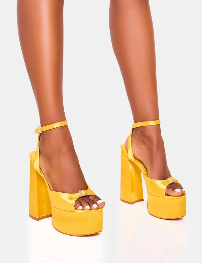 Women Pansie Yellow Satin Diamonte Platform Yellow Public Desire Platform Heels