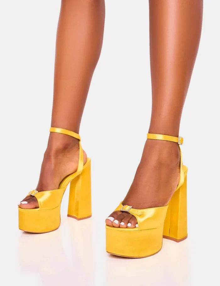 Women Pansie Yellow Satin Diamonte Platform Yellow Public Desire Platform Heels
