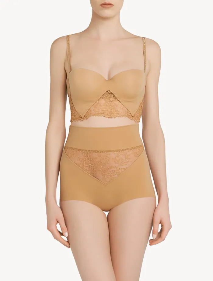 Women Panties La Perla Nude Lycra Control Fit Highwaist Briefs With Chantilly Lace