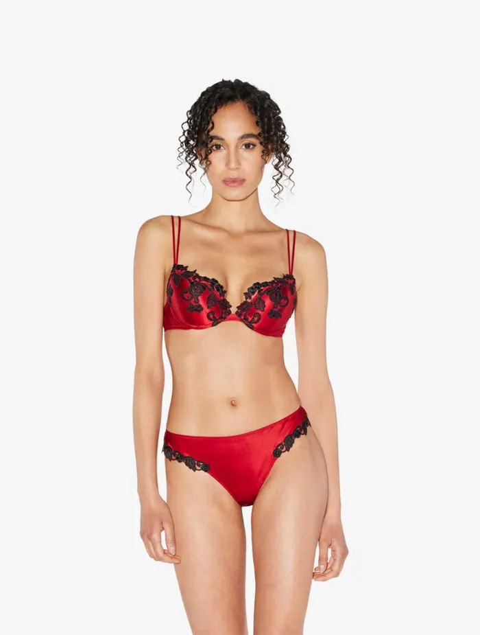 Women Panties La Perla Red Silk Brazilian Briefs With Black Frastaglio