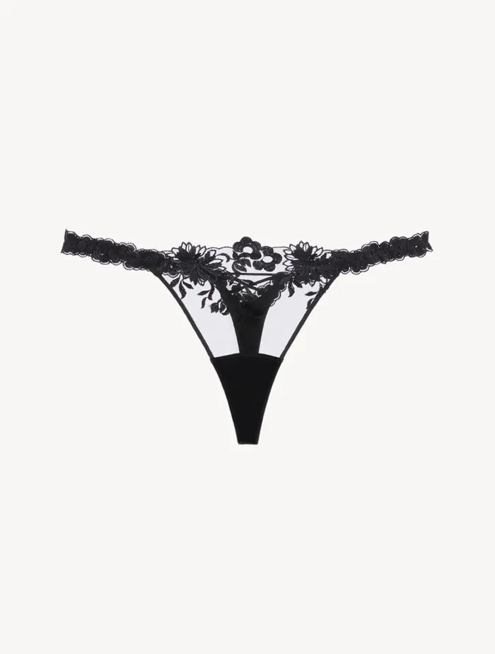 Women Panties La Perla Thong In Black Lycra With Embroidered Tulle