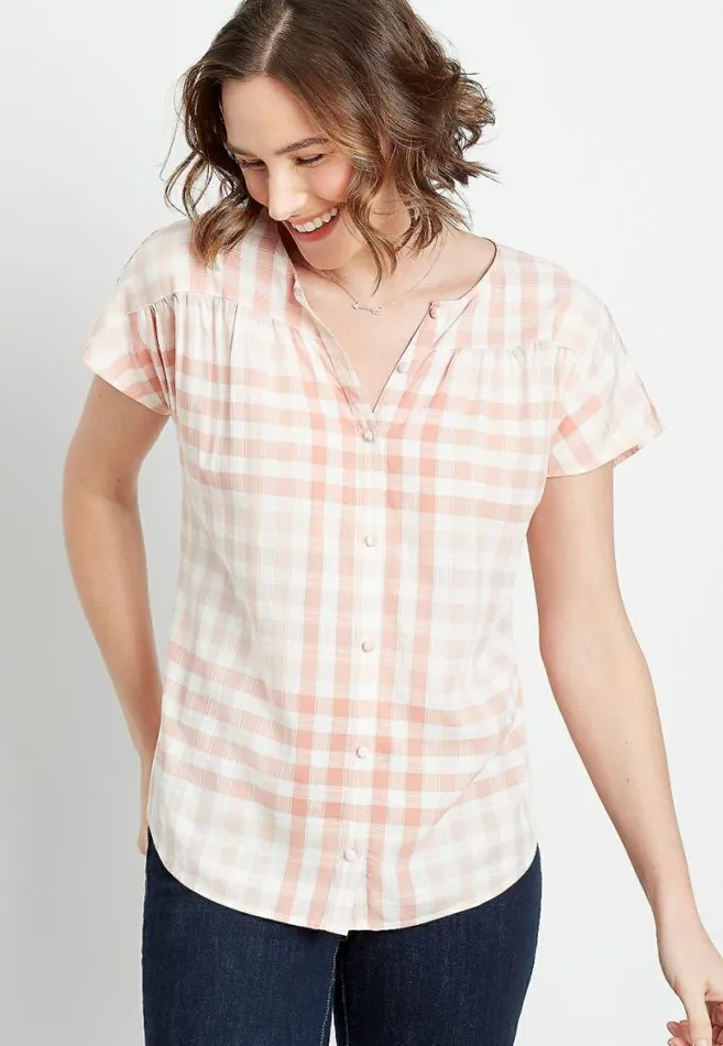 Women Peach Plaid Short Sleeve Button Down Shirt Maurices Tops