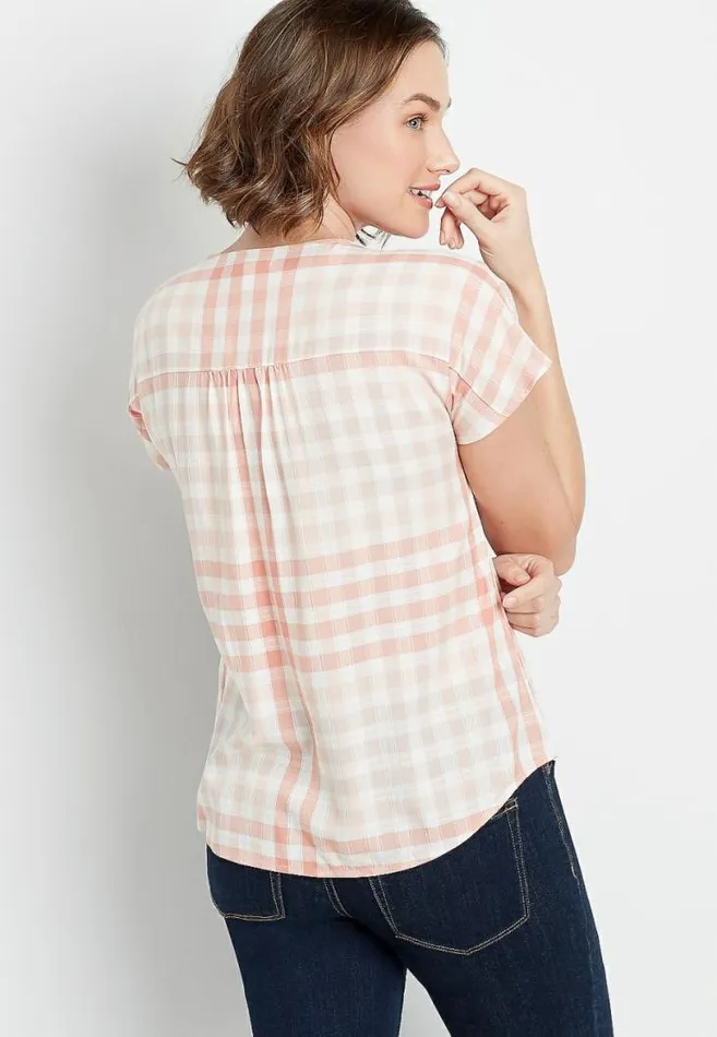 Women Peach Plaid Short Sleeve Button Down Shirt Maurices Tops