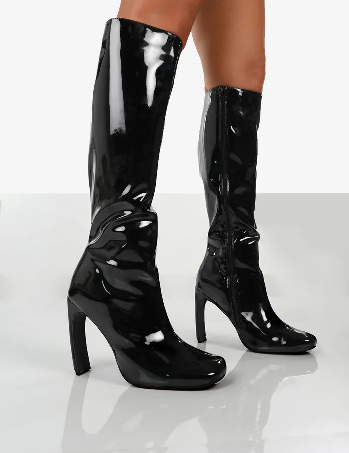 Women Peppa Black Patent Block Heel Knee High Boots Black Public Desire Long Boots Women Peppa Black Patent Block Heel Knee High Boots Black Public Desire Long Boots