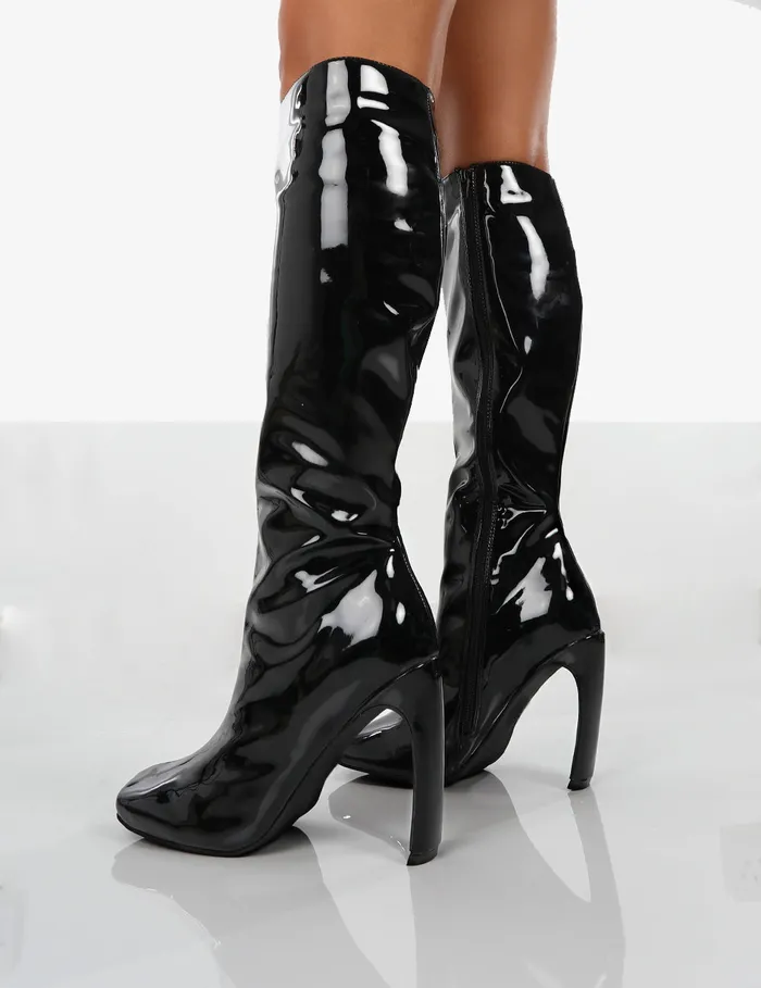 Women Peppa Black Patent Block Heel Knee High Boots Black Public Desire Long Boots