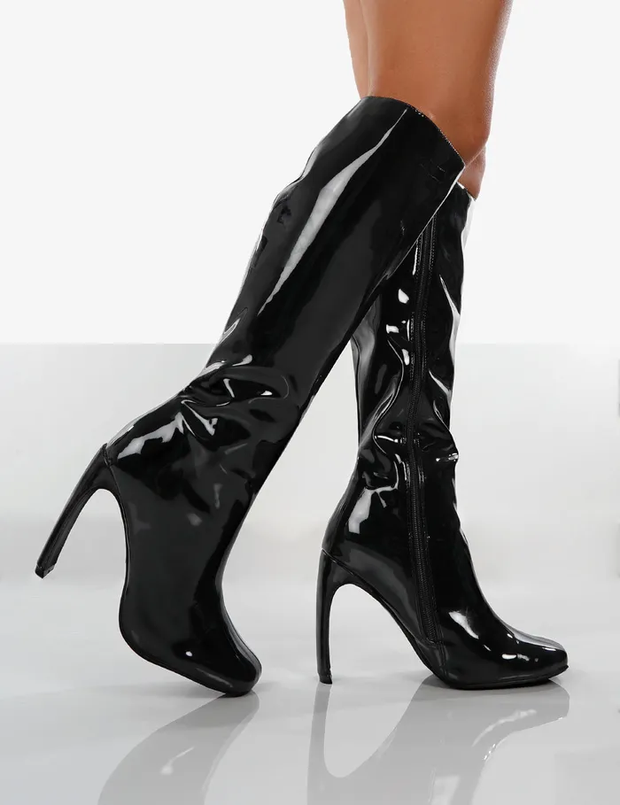 Women Peppa Black Patent Block Heel Knee High Boots Black Public Desire Long Boots
