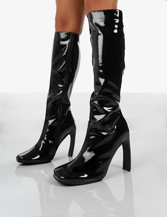 Women Peppa Black Patent Block Heel Knee High Boots Black Public Desire Long Boots