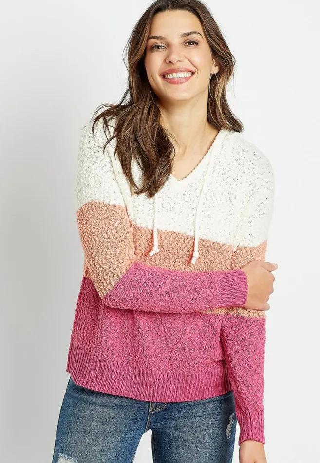 Women Pink Colorblock Hooded Pullover Sweater Maurices Tops