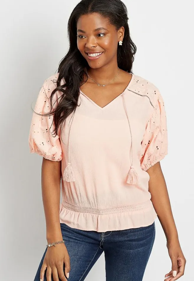 Women Pink Eyelet Lace Puff Sleeve Top Maurices Tops