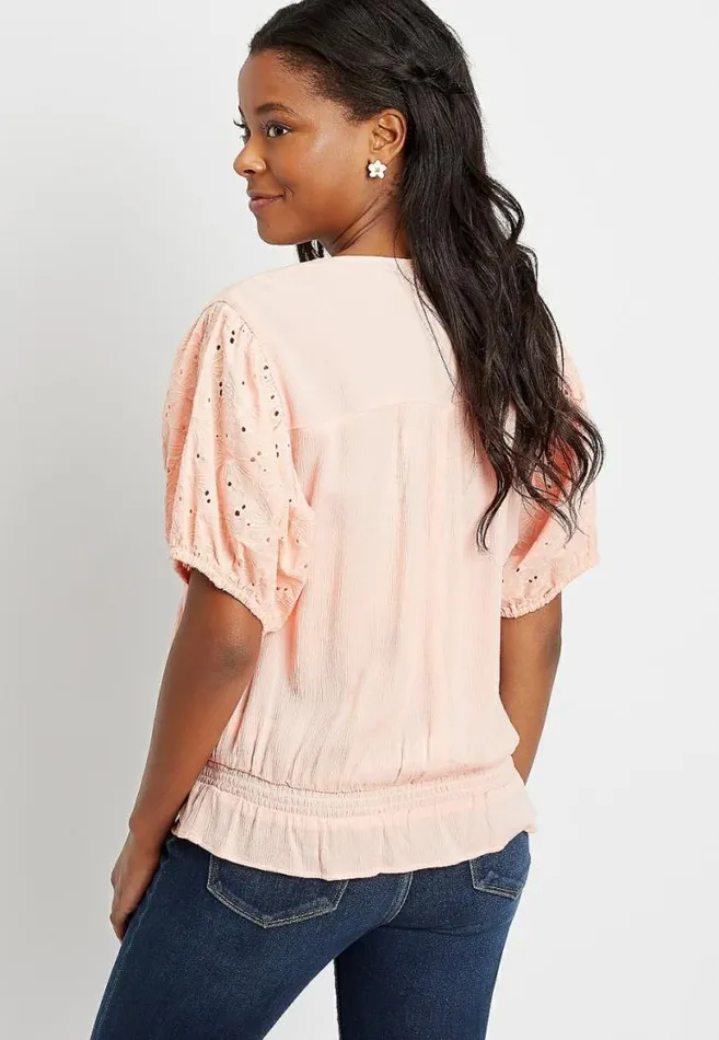 Women Pink Eyelet Lace Puff Sleeve Top Maurices Tops