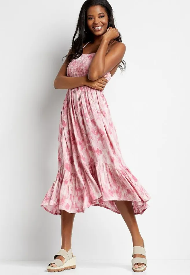 Women Pink Tie Dye Smocked Top Midi Dress Maurices Dresses and Jumpsuits