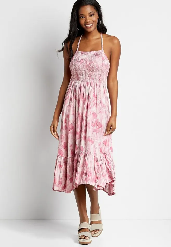Women Pink Tie Dye Smocked Top Midi Dress Maurices Dresses and Jumpsuits