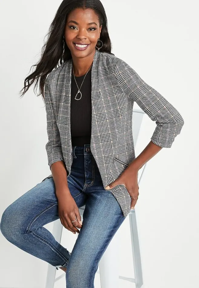 Women Plaid Open Front Blazer Maurices Tops