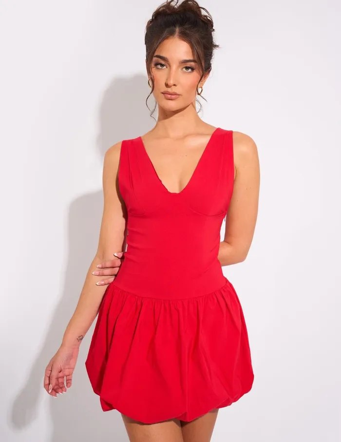 Women Plunge Bubble Hem Mini Dress Red Red Public Desire Occasion