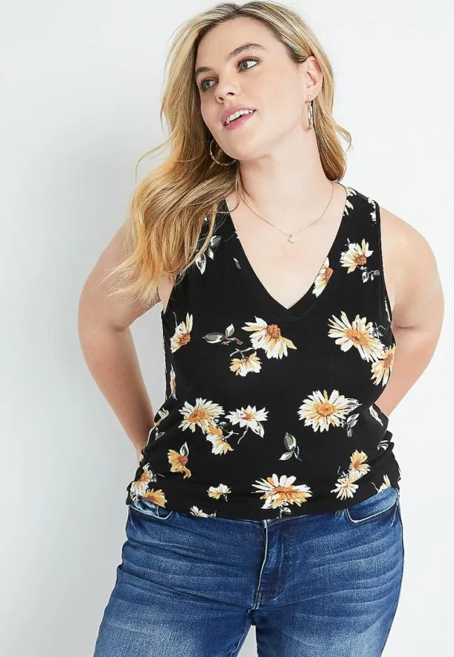 Women Plus Size 247 Black Daisy V Neck Tank Top Maurices Plus Tops