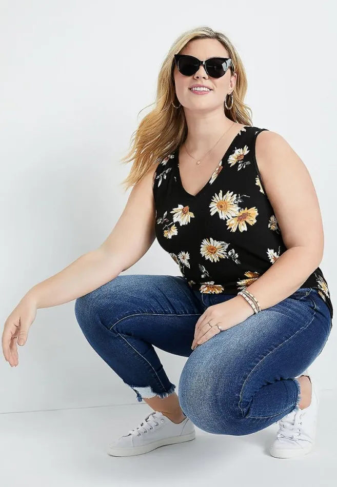Women Plus Size 247 Black Daisy V Neck Tank Top Maurices Plus Tops