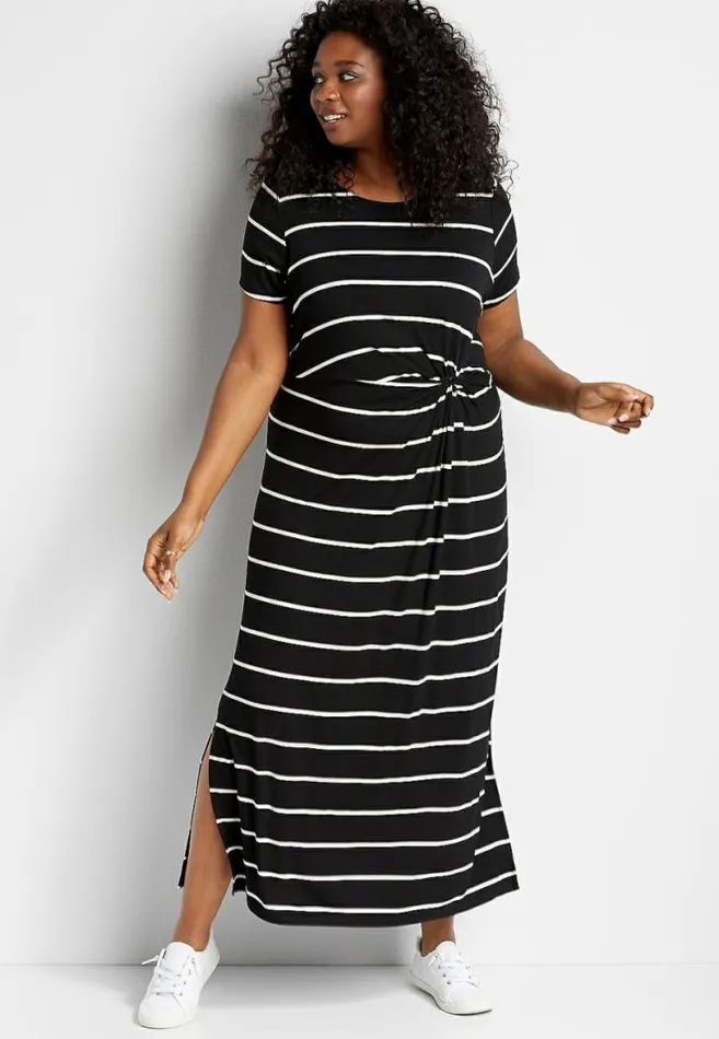 Women Plus Size 247 Black Striped Knot Front Maxi Dress Maurices Plus Dresses and Jumpsuits Women Plus Size 247 Black Striped Knot Front Maxi Dress Maurices Plus Dresses and Jumpsuits