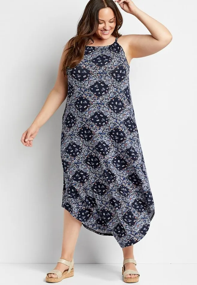 Women Plus Size 247 Blue Printed Halter Neck Maxi Dress Maurices Plus Dresses and Jumpsuits