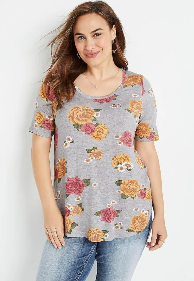 Women Plus Size 247 Gray Floral Flawless Tee Maurices Plus Tops
