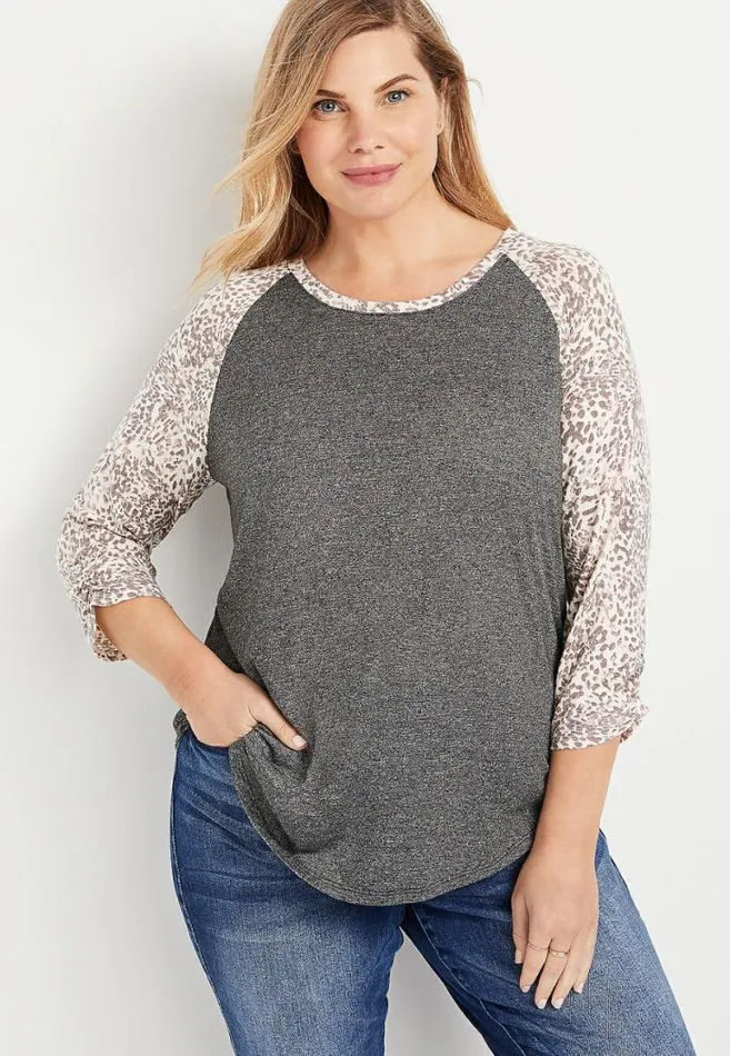 Women Plus Size 247 Gray Leopard Ruched Sleeve Baseball Tee Maurices Plus Tops