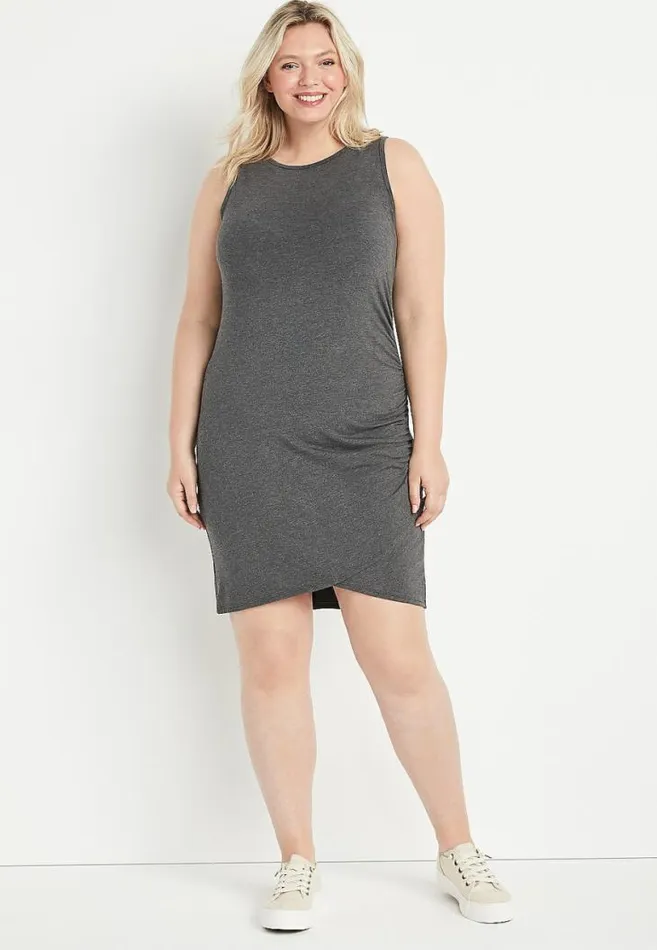 Women Plus Size 247 Gray Ruched Mini Sheath Dress Maurices Plus Dresses and Jumpsuits Women Plus Size 247 Gray Ruched Mini Sheath Dress Maurices Plus Dresses and Jumpsuits
