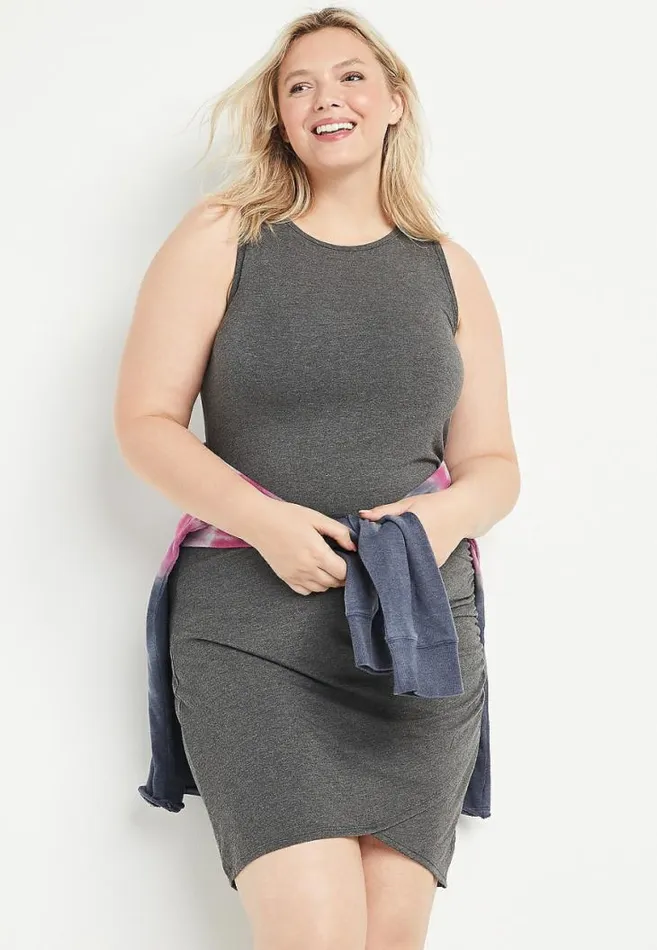 Women Plus Size 247 Gray Ruched Mini Sheath Dress Maurices Plus Dresses and Jumpsuits