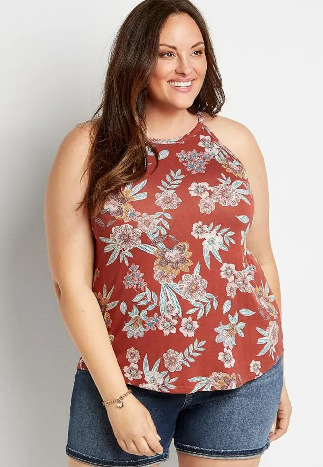 Women Plus Size 247 Red Floral High Neck Tank Top Maurices Plus Tops